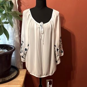 Alyx Semi Sheer White Peasant Blouse with Blue Floral Embroidery  L